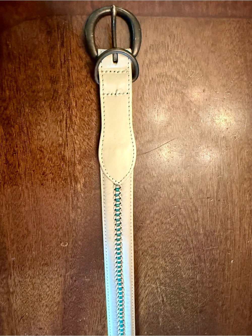 Madewell Genuine Leather Belt with Turquoise Stitching and Aged Brass Buckle